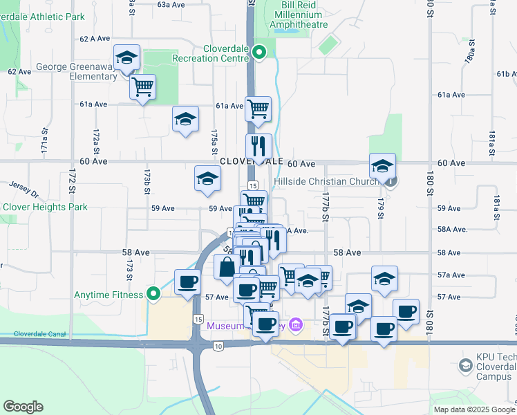 map of restaurants, bars, coffee shops, grocery stores, and more near 5945 176A Street in Surrey