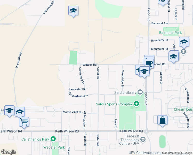 map of restaurants, bars, coffee shops, grocery stores, and more near 5935 Carter Road in Chilliwack