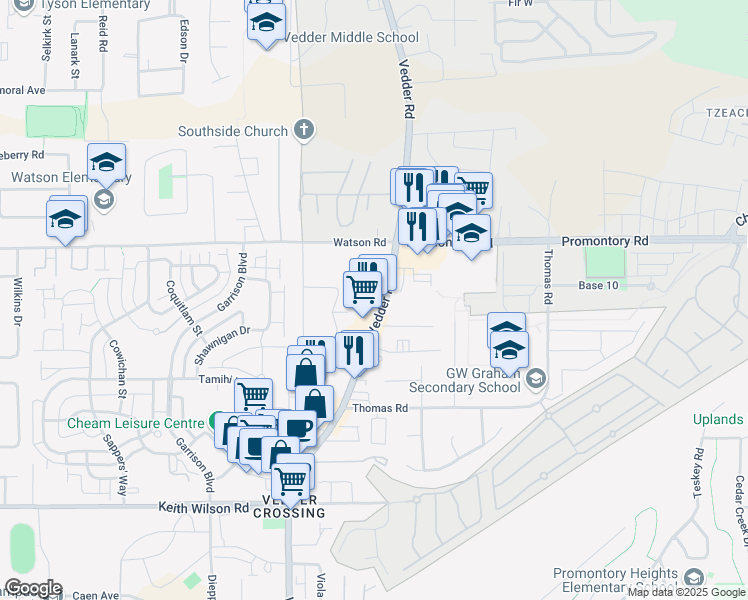 map of restaurants, bars, coffee shops, grocery stores, and more near 5905 Vedder Road in Chilliwack