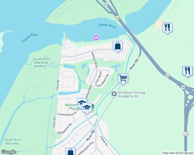 map of restaurants, bars, coffee shops, grocery stores, and more near 5835 Fair Wynd in Delta