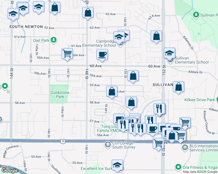 map of restaurants, bars, coffee shops, grocery stores, and more near 14918 59 Avenue in Surrey