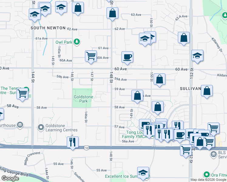 map of restaurants, bars, coffee shops, grocery stores, and more near 5890 148 Street in Surrey