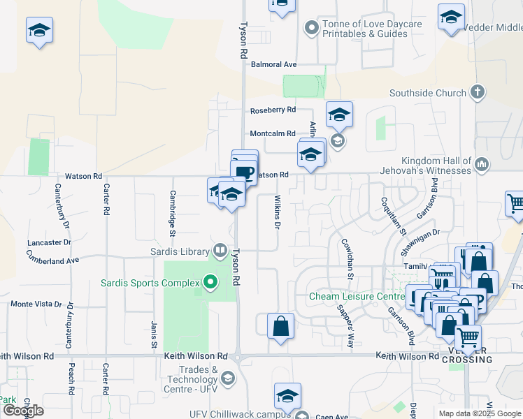 map of restaurants, bars, coffee shops, grocery stores, and more near 5930 Birmingham Place in Chilliwack