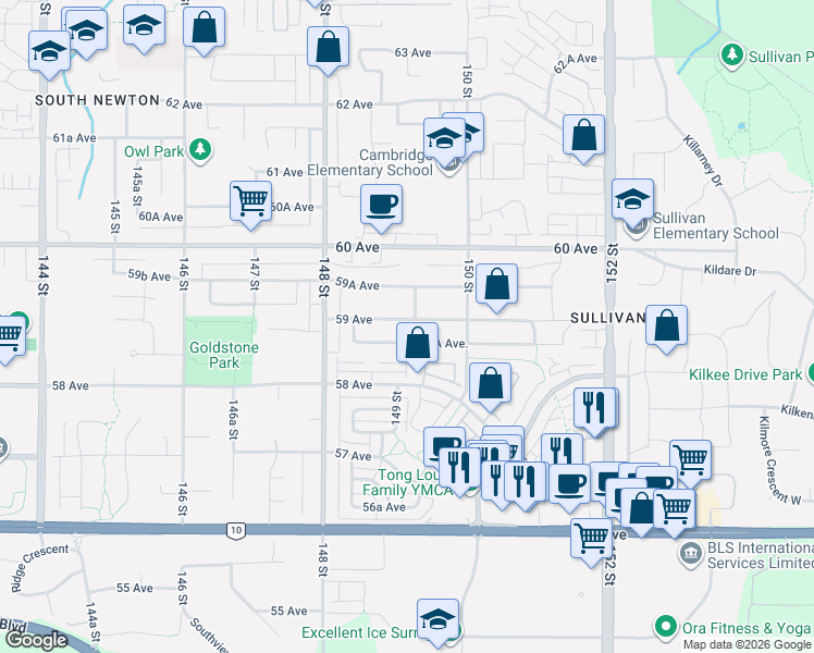 map of restaurants, bars, coffee shops, grocery stores, and more near 14918 59 Avenue in Surrey