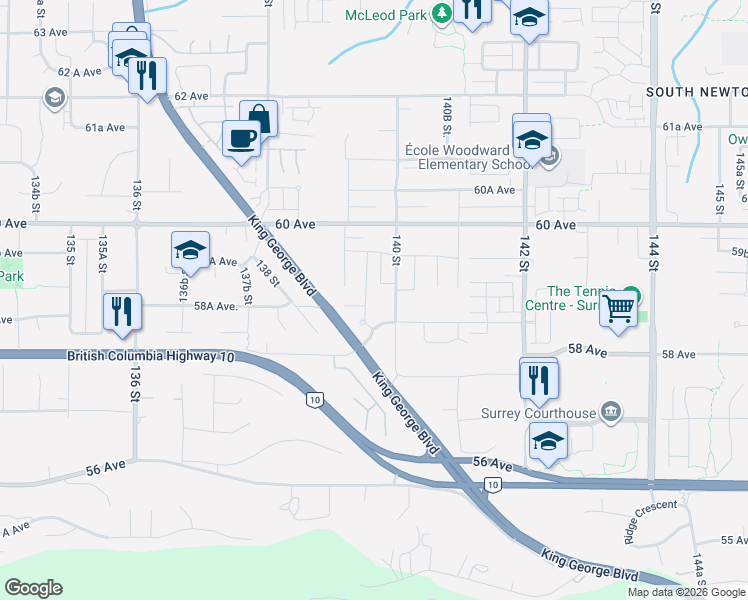 map of restaurants, bars, coffee shops, grocery stores, and more near 5876 139A Street in Surrey
