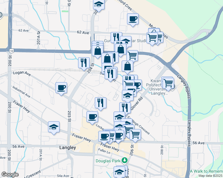 map of restaurants, bars, coffee shops, grocery stores, and more near 5965 205A St in Langley