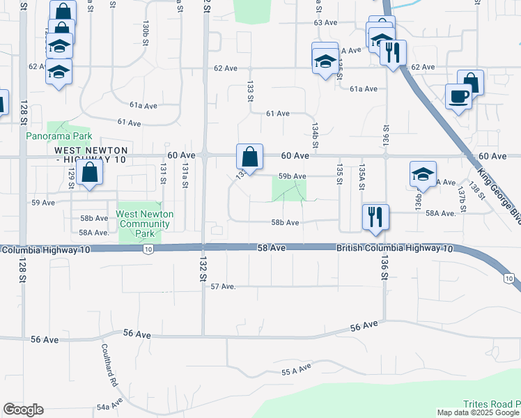 map of restaurants, bars, coffee shops, grocery stores, and more near 13356 59 Avenue in Surrey