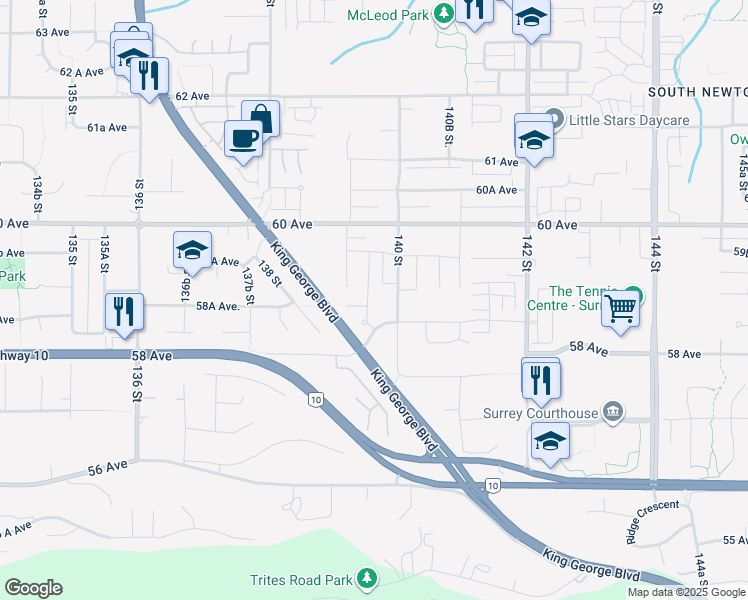 map of restaurants, bars, coffee shops, grocery stores, and more near 5876 139A Street in Surrey