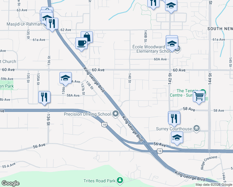 map of restaurants, bars, coffee shops, grocery stores, and more near 13941 58B Avenue in Surrey