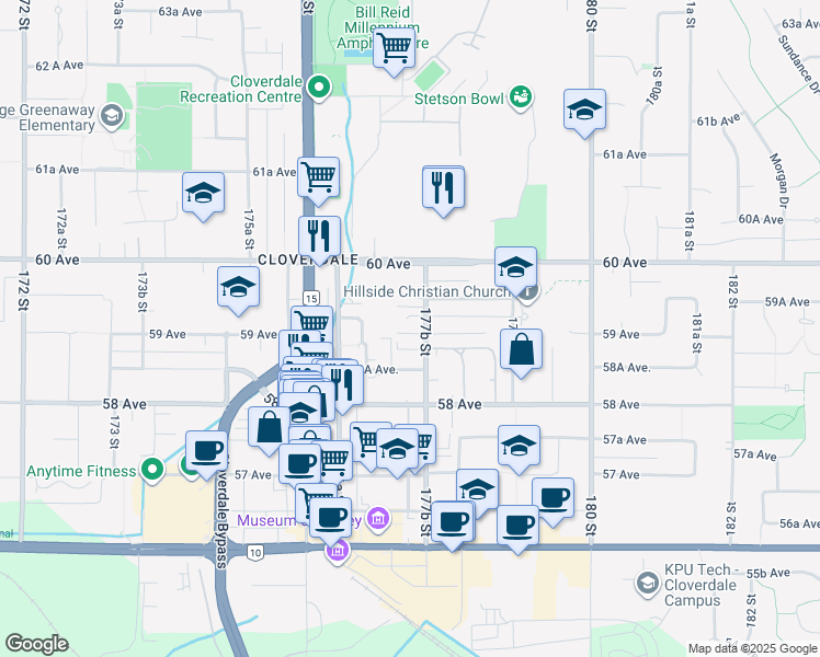 map of restaurants, bars, coffee shops, grocery stores, and more near 5909 177B Street in Surrey