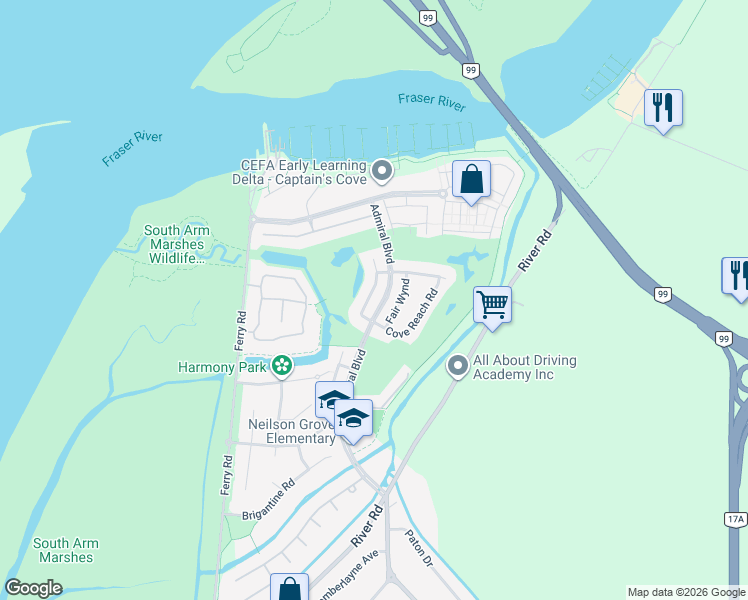map of restaurants, bars, coffee shops, grocery stores, and more near 5845 Cove Link Road in Delta