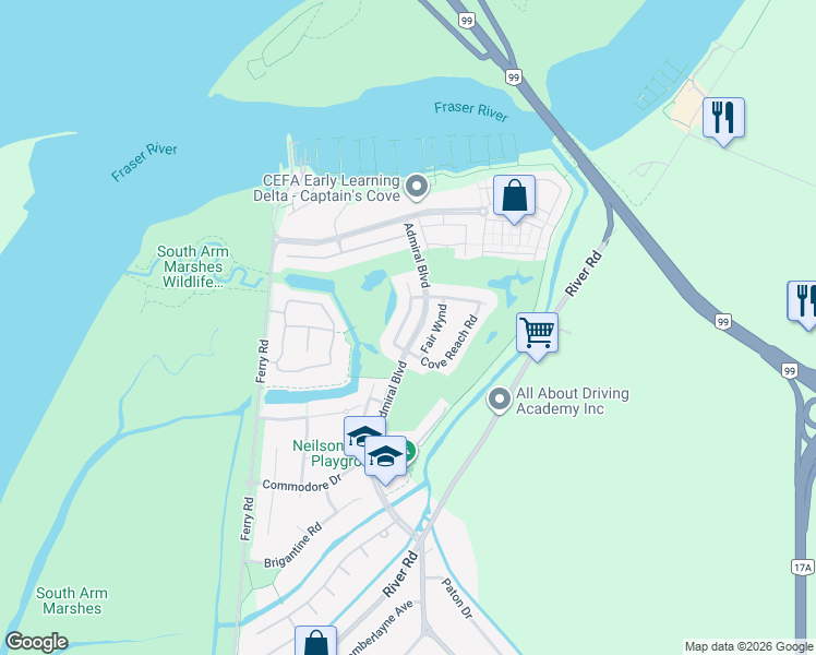 map of restaurants, bars, coffee shops, grocery stores, and more near 5822 Cove Link Road in Delta