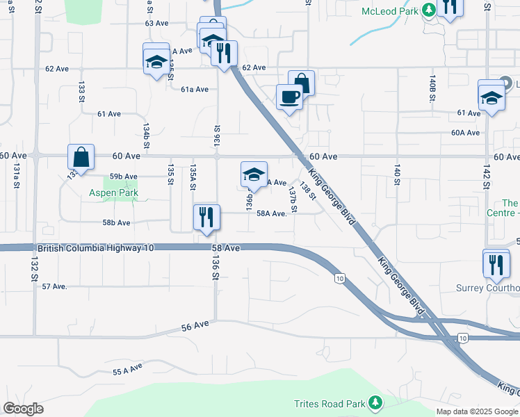 map of restaurants, bars, coffee shops, grocery stores, and more near 13699 58A Avenue in Surrey