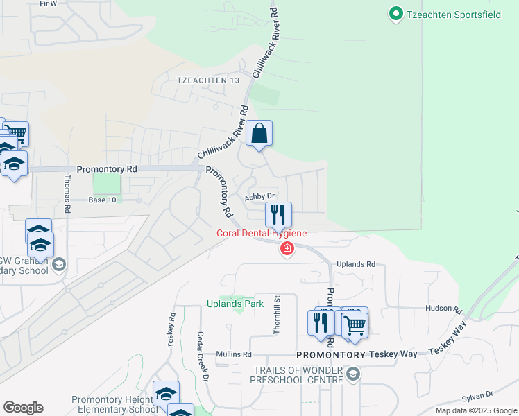map of restaurants, bars, coffee shops, grocery stores, and more near 46423 Bedford Parkway in Chilliwack