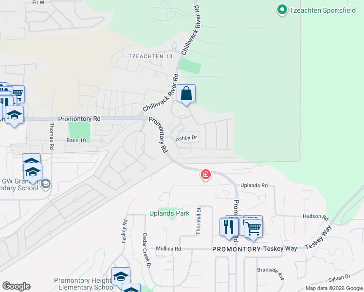 map of restaurants, bars, coffee shops, grocery stores, and more near 46415 Bedford Parkway in Chilliwack