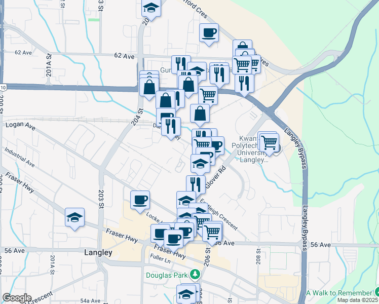 map of restaurants, bars, coffee shops, grocery stores, and more near 7534 205A Street in Langley