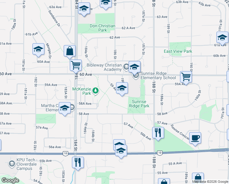 map of restaurants, bars, coffee shops, grocery stores, and more near 18622 59 Avenue in Surrey
