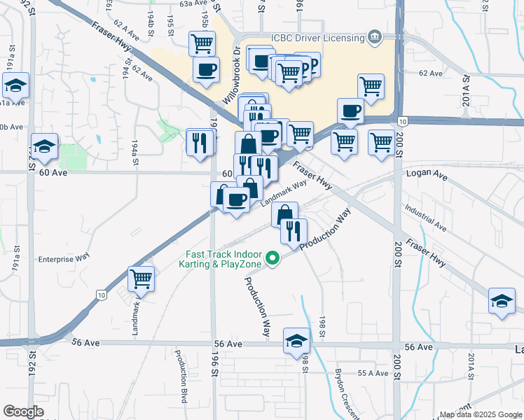 map of restaurants, bars, coffee shops, grocery stores, and more near 19700 Langley Bypass in Langley