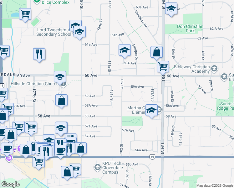 map of restaurants, bars, coffee shops, grocery stores, and more near 18171 59 Avenue in Surrey