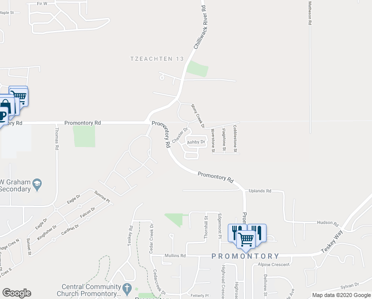 map of restaurants, bars, coffee shops, grocery stores, and more near 46415 Bedford Parkway in Chilliwack