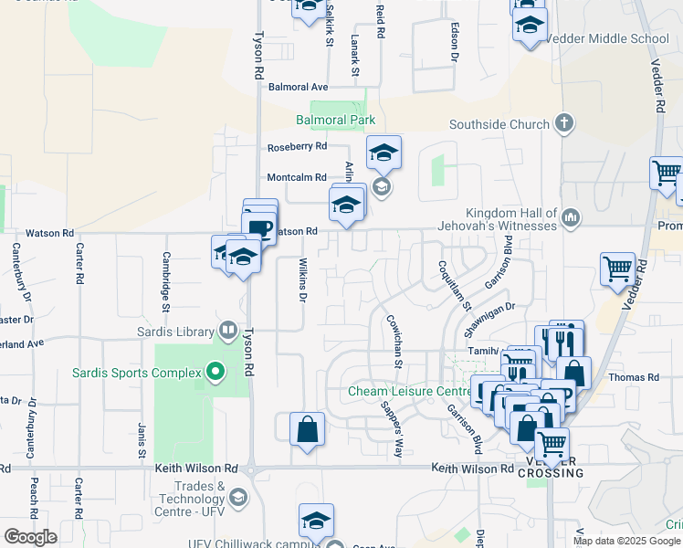 map of restaurants, bars, coffee shops, grocery stores, and more near 5960 Cowichan Street in Chilliwack