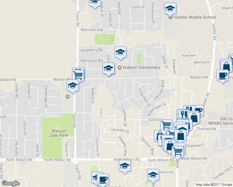 map of restaurants, bars, coffee shops, grocery stores, and more near 5878 Cowichan Street in Chilliwack