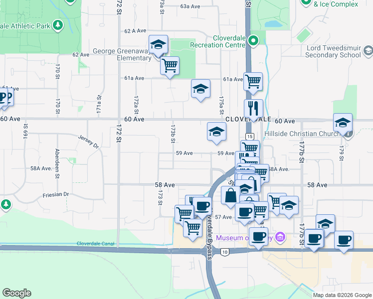 map of restaurants, bars, coffee shops, grocery stores, and more near 17429 59 Avenue in Surrey