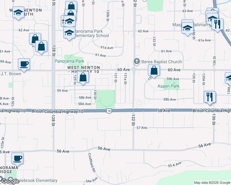 map of restaurants, bars, coffee shops, grocery stores, and more near 5902 131 Street in Surrey