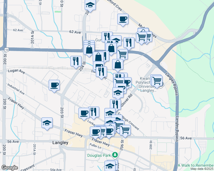 map of restaurants, bars, coffee shops, grocery stores, and more near 5965 205A Street in Langley