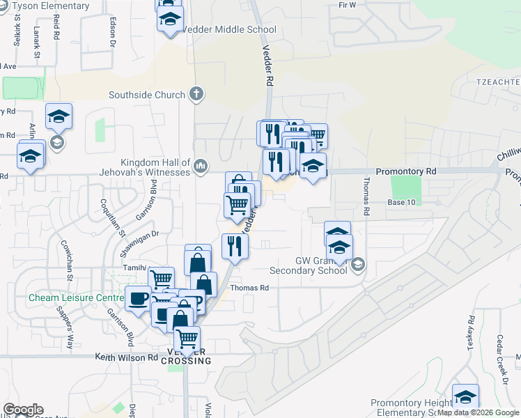 map of restaurants, bars, coffee shops, grocery stores, and more near 5926 Vedder Road in Chilliwack
