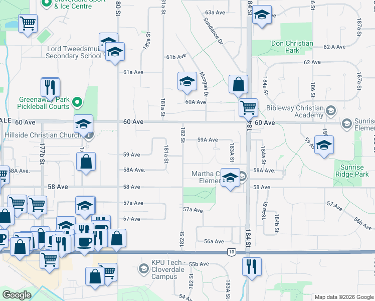 map of restaurants, bars, coffee shops, grocery stores, and more near 5910 182 Street in Surrey