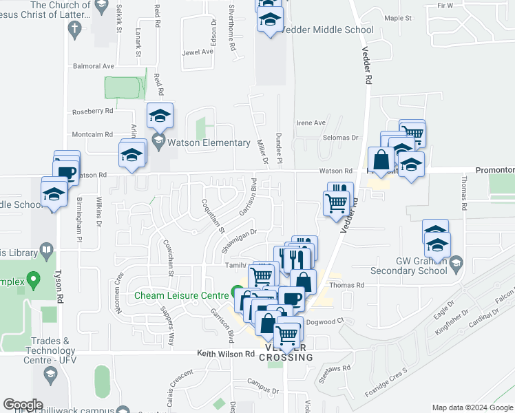 map of restaurants, bars, coffee shops, grocery stores, and more near 45535 Shawnigan Crescent in Chilliwack