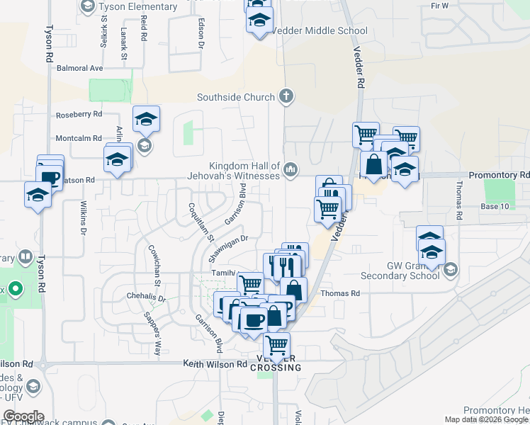 map of restaurants, bars, coffee shops, grocery stores, and more near 45450 Shawnigan Crescent in Chilliwack