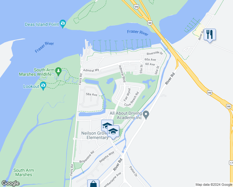 map of restaurants, bars, coffee shops, grocery stores, and more near 5845 Cove Link Road in Delta