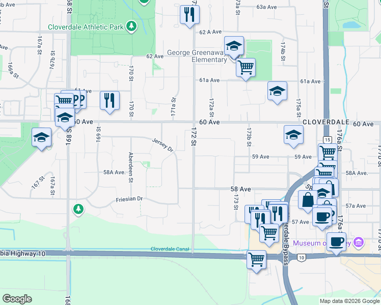 map of restaurants, bars, coffee shops, grocery stores, and more near 5909 172 Street in Surrey