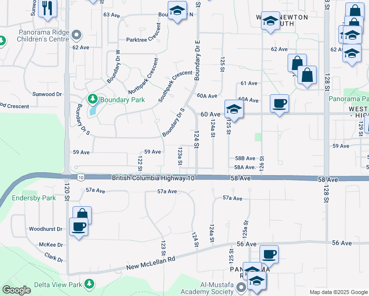 map of restaurants, bars, coffee shops, grocery stores, and more near 5888 123A Street in Surrey