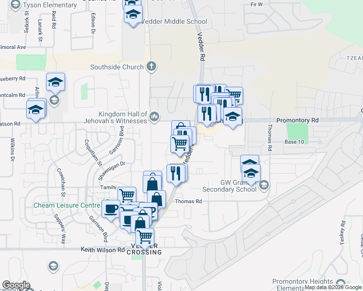 map of restaurants, bars, coffee shops, grocery stores, and more near 5915 Vedder Road in Chilliwack