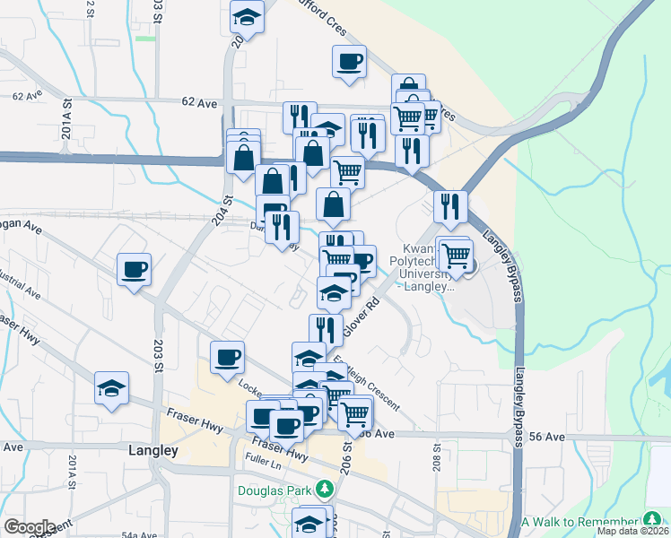 map of restaurants, bars, coffee shops, grocery stores, and more near 5967 206A Street in Langley