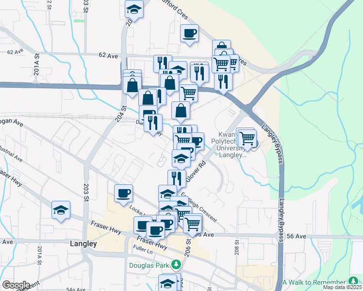 map of restaurants, bars, coffee shops, grocery stores, and more near 20620 Duncan Way in Langley
