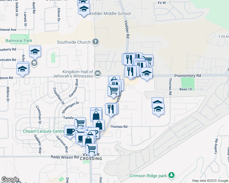 map of restaurants, bars, coffee shops, grocery stores, and more near 5915 Vedder Road in Chilliwack