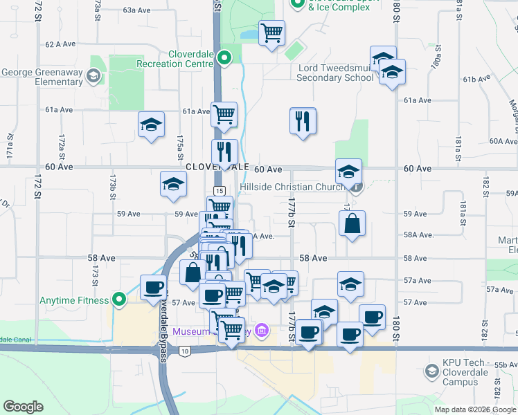 map of restaurants, bars, coffee shops, grocery stores, and more near 17708 60 Avenue in Surrey