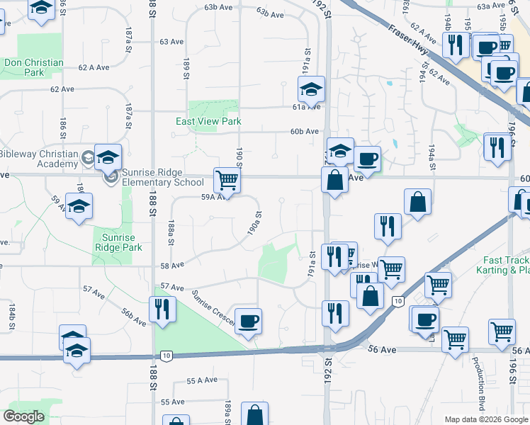 map of restaurants, bars, coffee shops, grocery stores, and more near 5912 190A Street in Surrey