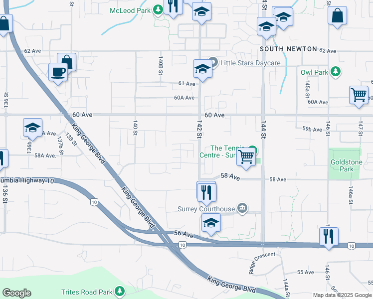 map of restaurants, bars, coffee shops, grocery stores, and more near 14151 58A Avenue in Surrey