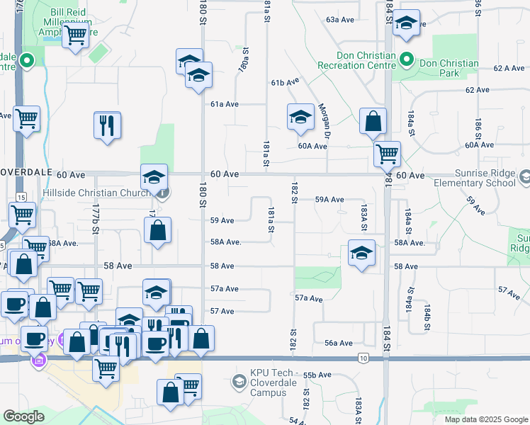 map of restaurants, bars, coffee shops, grocery stores, and more near 5929 181A Street in Surrey