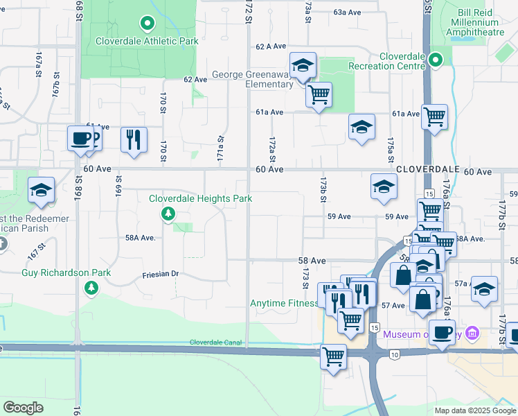 map of restaurants, bars, coffee shops, grocery stores, and more near 17217 59 Avenue in Surrey