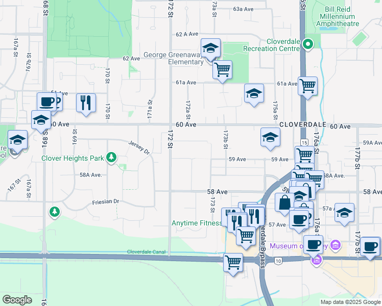 map of restaurants, bars, coffee shops, grocery stores, and more near 17247 59 Avenue in Surrey