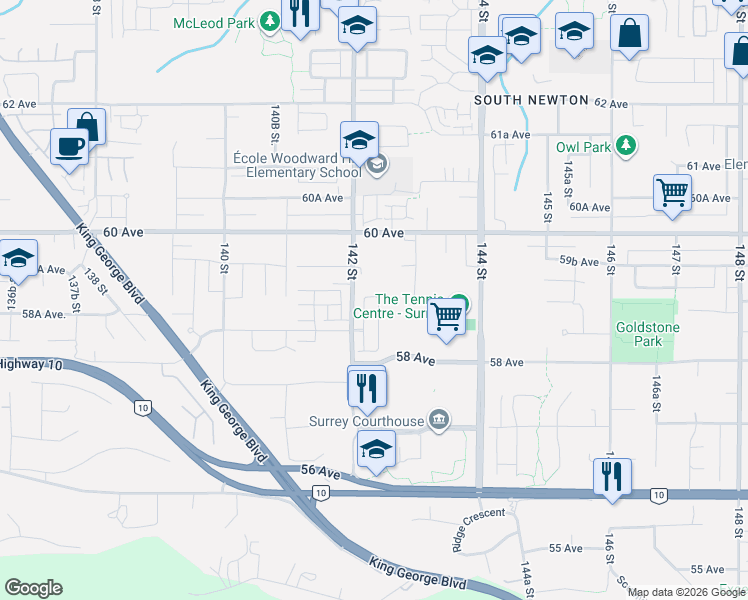 map of restaurants, bars, coffee shops, grocery stores, and more near 5858 142 Street in Surrey