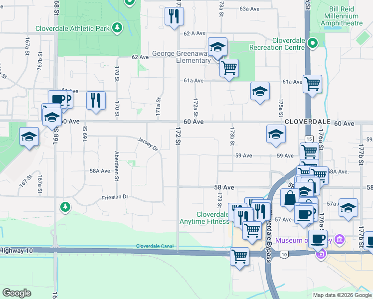 map of restaurants, bars, coffee shops, grocery stores, and more near 17217 59 Avenue in Surrey