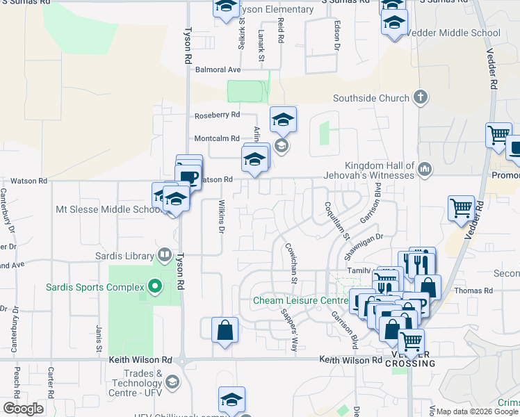 map of restaurants, bars, coffee shops, grocery stores, and more near 5906 Cowichan Street in Chilliwack