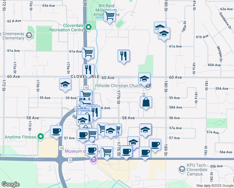 map of restaurants, bars, coffee shops, grocery stores, and more near 5925 177B Street in Surrey